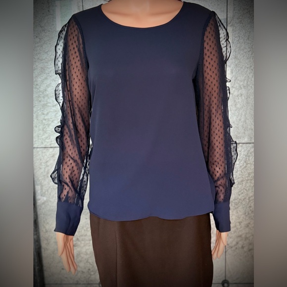 Express Tops - Express Navy Blouse with Sheer Polka Dot Sleeves